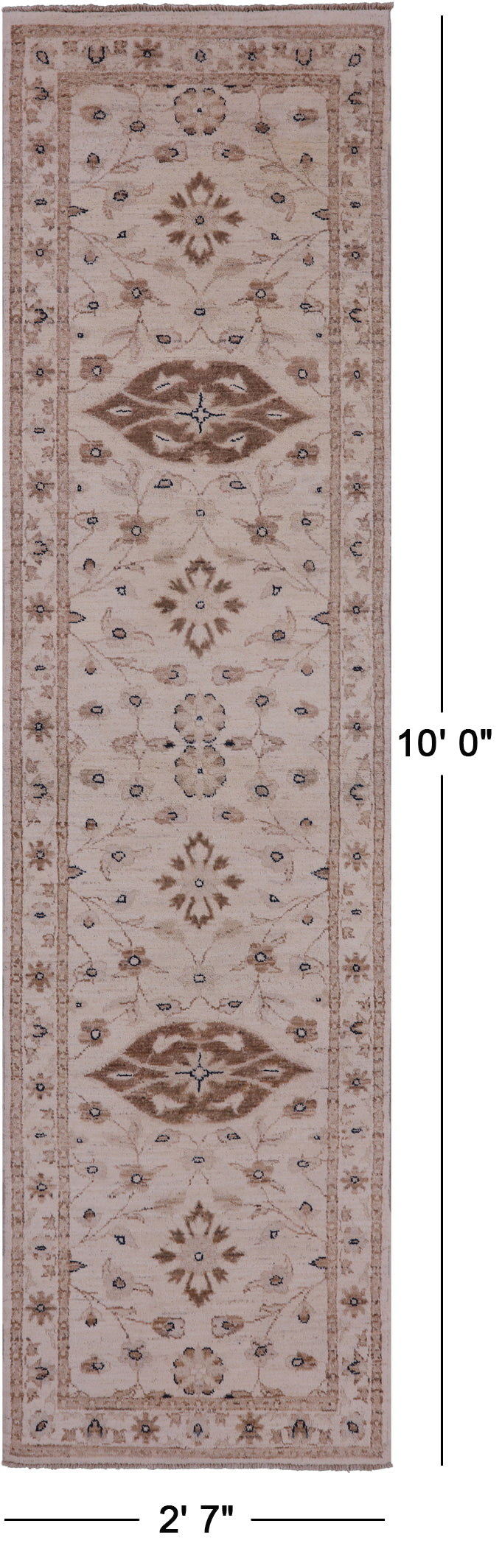 Ivory Peshawar Handmade Wool Runner Rug - 2' 7" X 10' 0" - Golden Nile