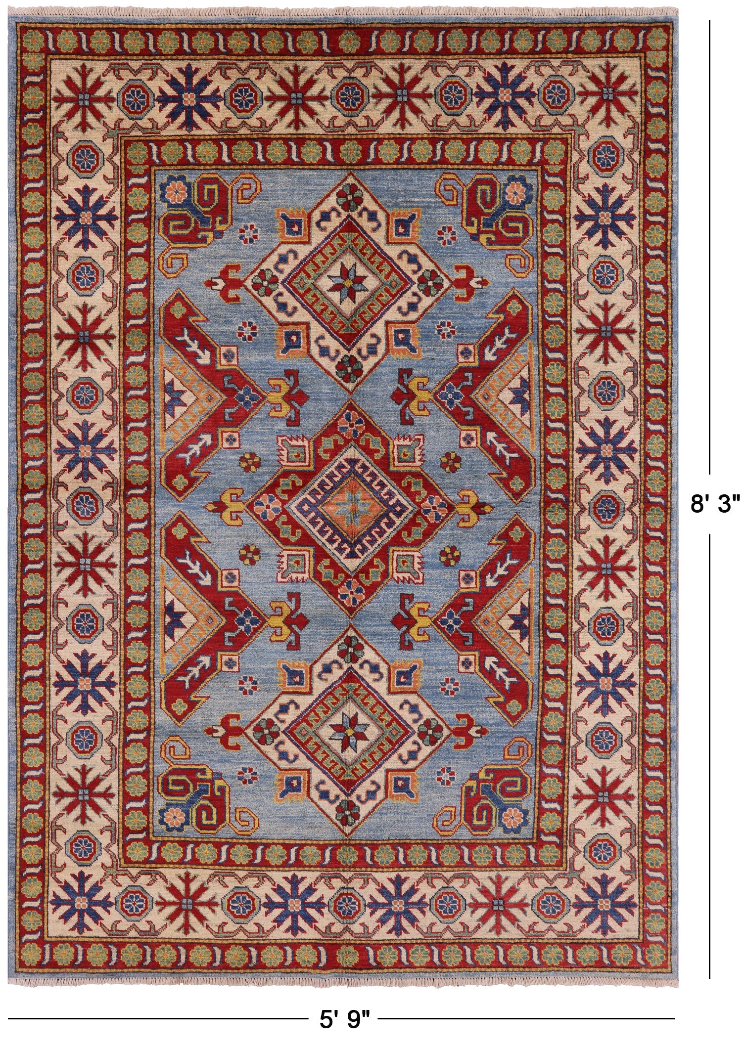 Blue Super Kazak Hand Knotted Wool Rug - 5' 9" X 8' 3" - Golden Nile