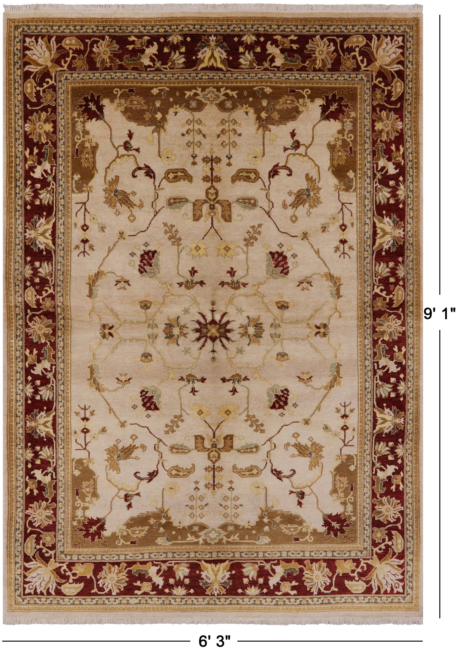 Ivory Peshawar Hand Knotted Wool Rug - 6' 3" X 9' 1" - Golden Nile