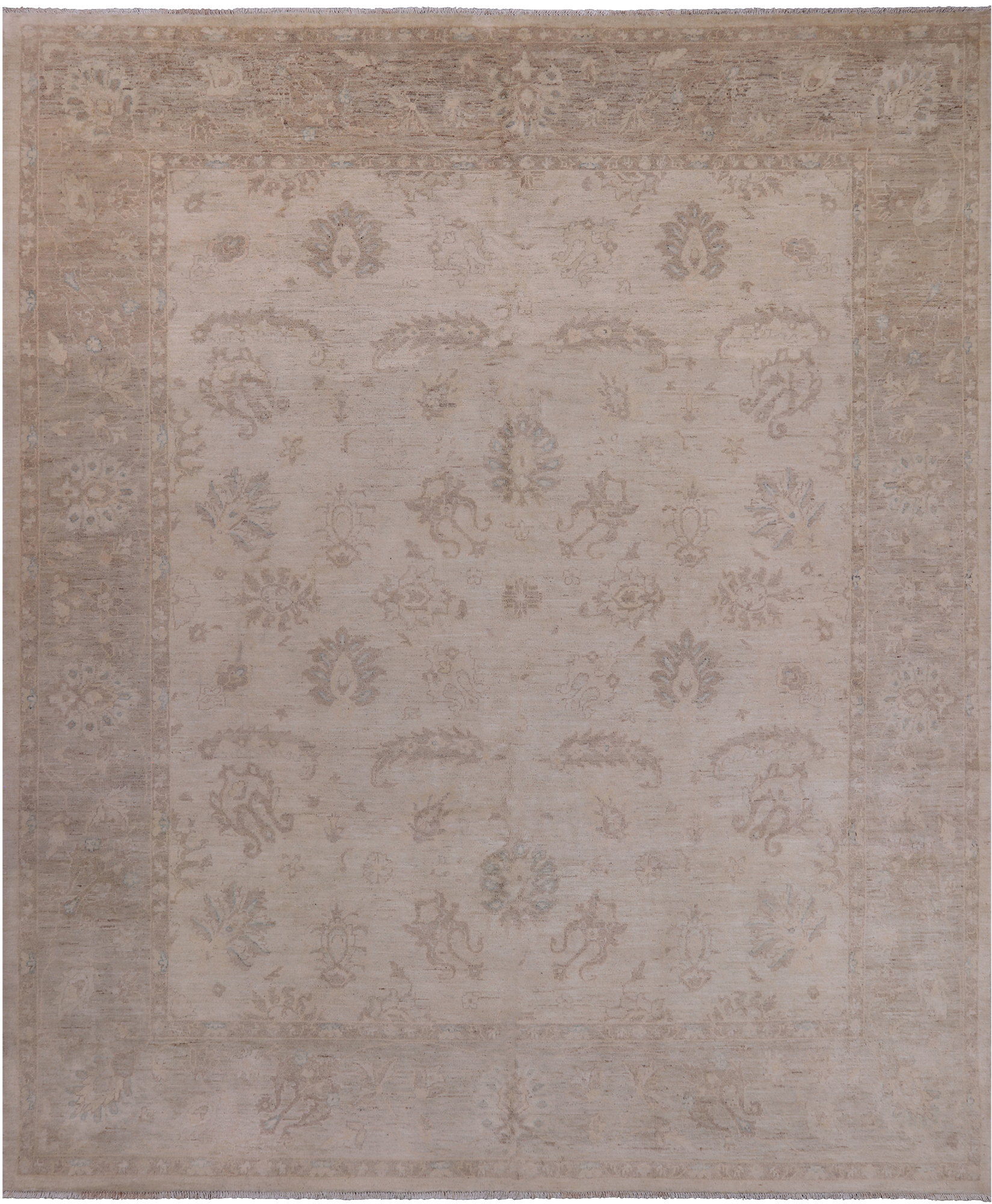 Ivory Antiqued Peshawar Hand Knotted Wool Rug - 8' 2" X 9' 7"