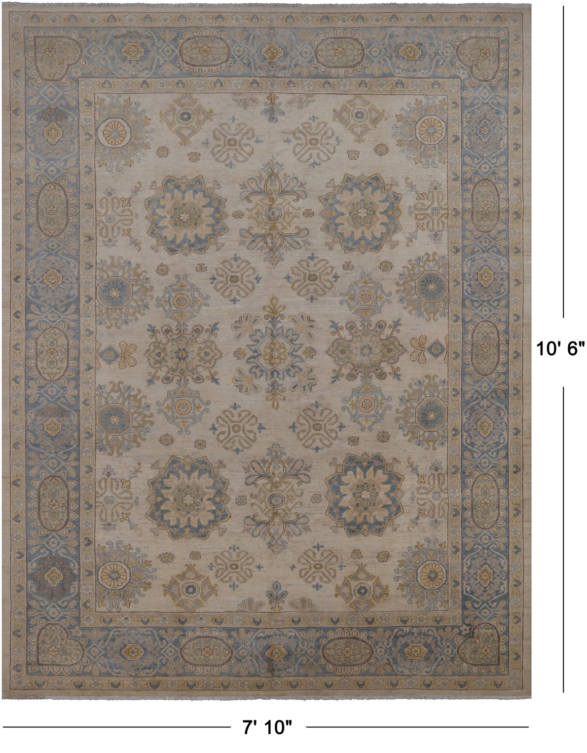 Ivory Peshawar Hand Knotted Wool Rug - 7' 10" X 10' 6"