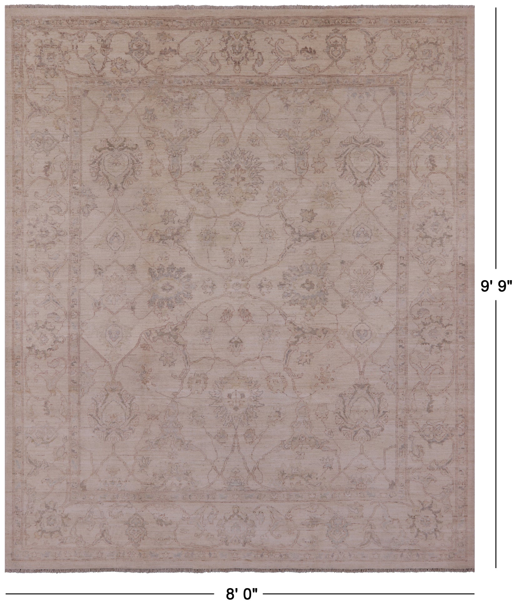 Ivory Peshawar Hand Knotted Wool Rug - 8' 0" X 9' 9" - Golden Nile