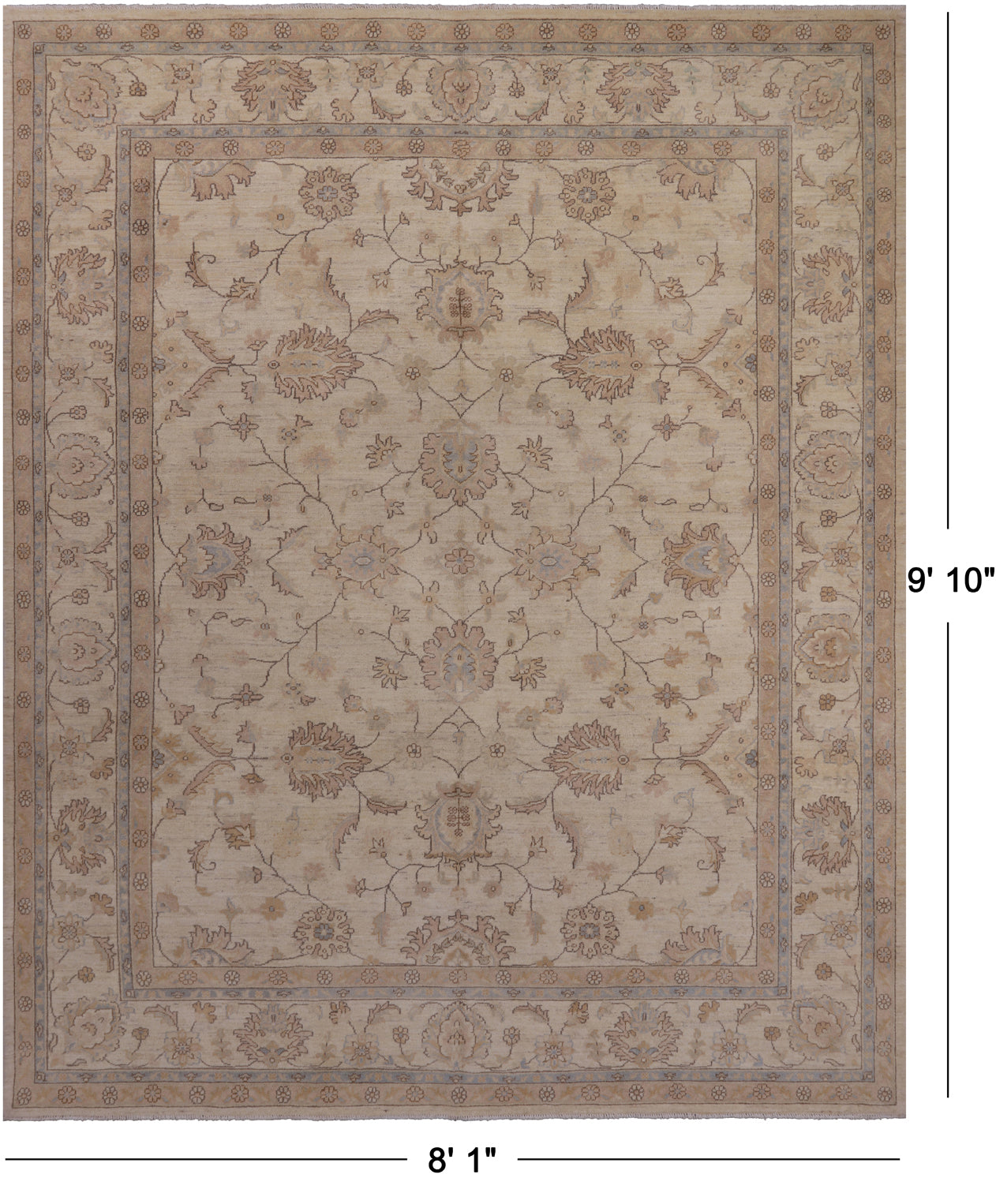 Ivory Peshawar Hand Knotted Rug - 8' 1" X 9' 10"