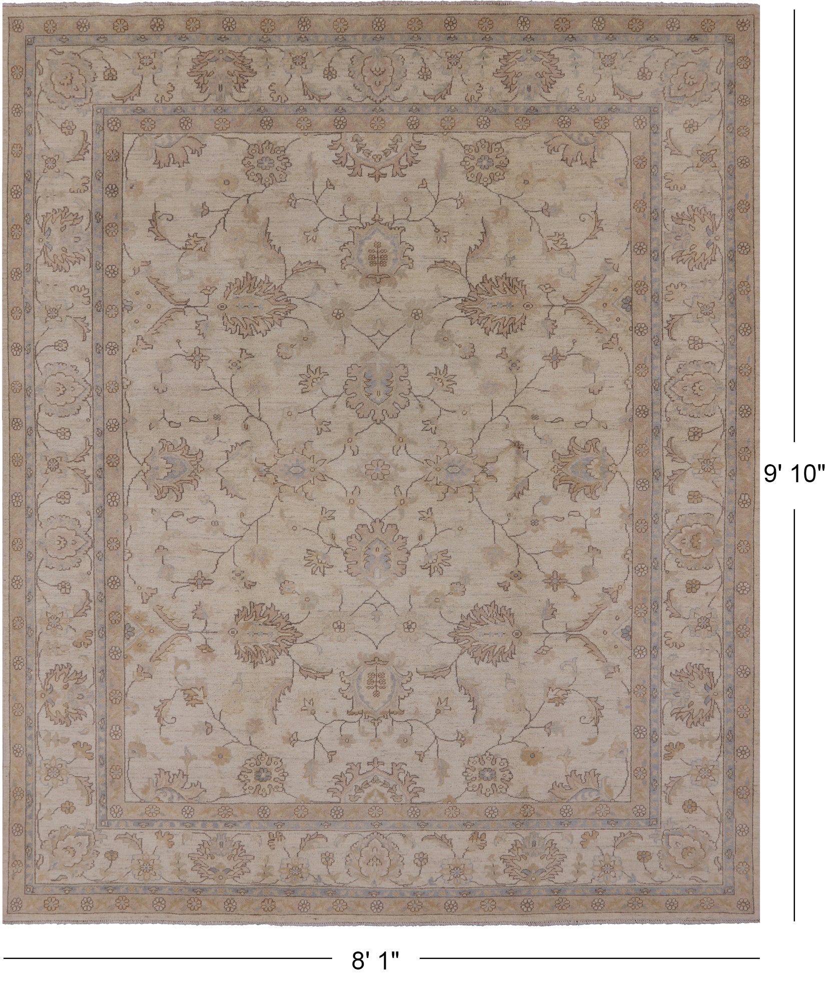 Ivory Peshawar Hand Knotted Rug - 8' 1" X 9' 10" - Golden Nile