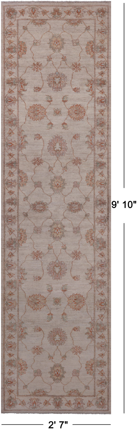 Ivory Peshawar Hand Knotted Wool Runner Rug - 2' 7" X 9' 10"