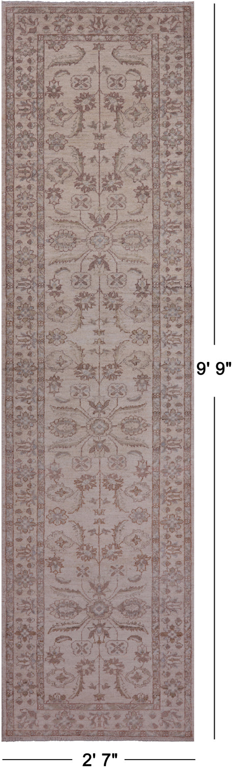 Ivory Peshawar Hand Knotted Wool Runner Rug - 2' 7" X 9' 9"