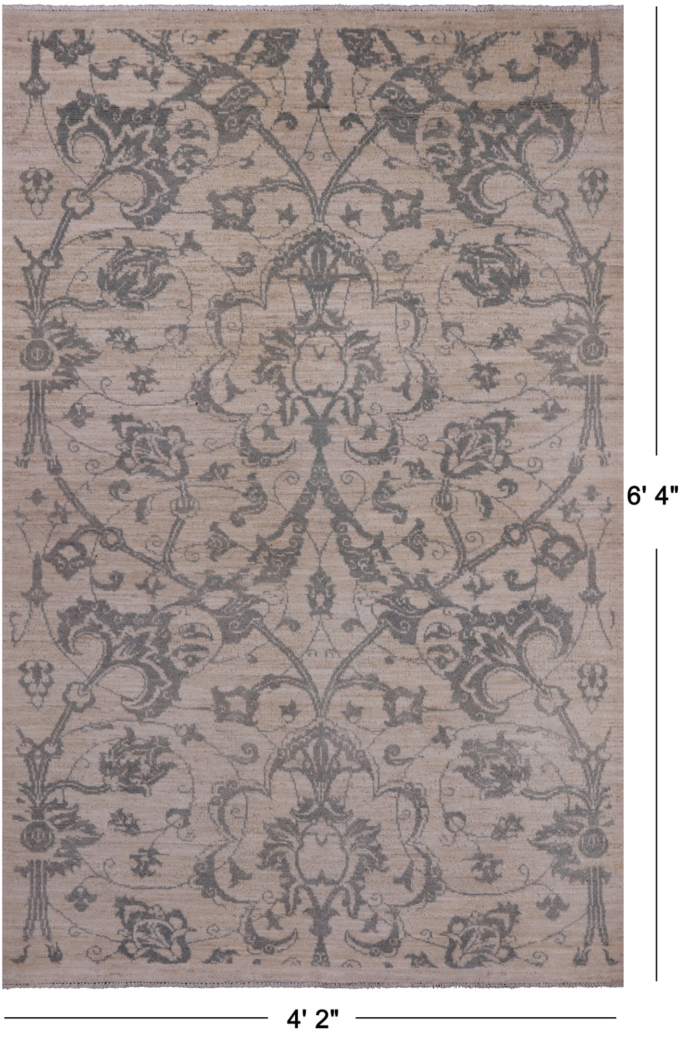 Ivory Peshawar Hand Knotted Wool Area Rug - 4' 2" X 6' 4"