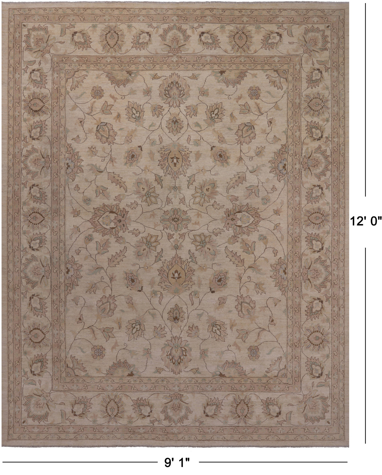 Ivory Peshawar Handmade Wool Rug - 9' 1" X 12' 0"