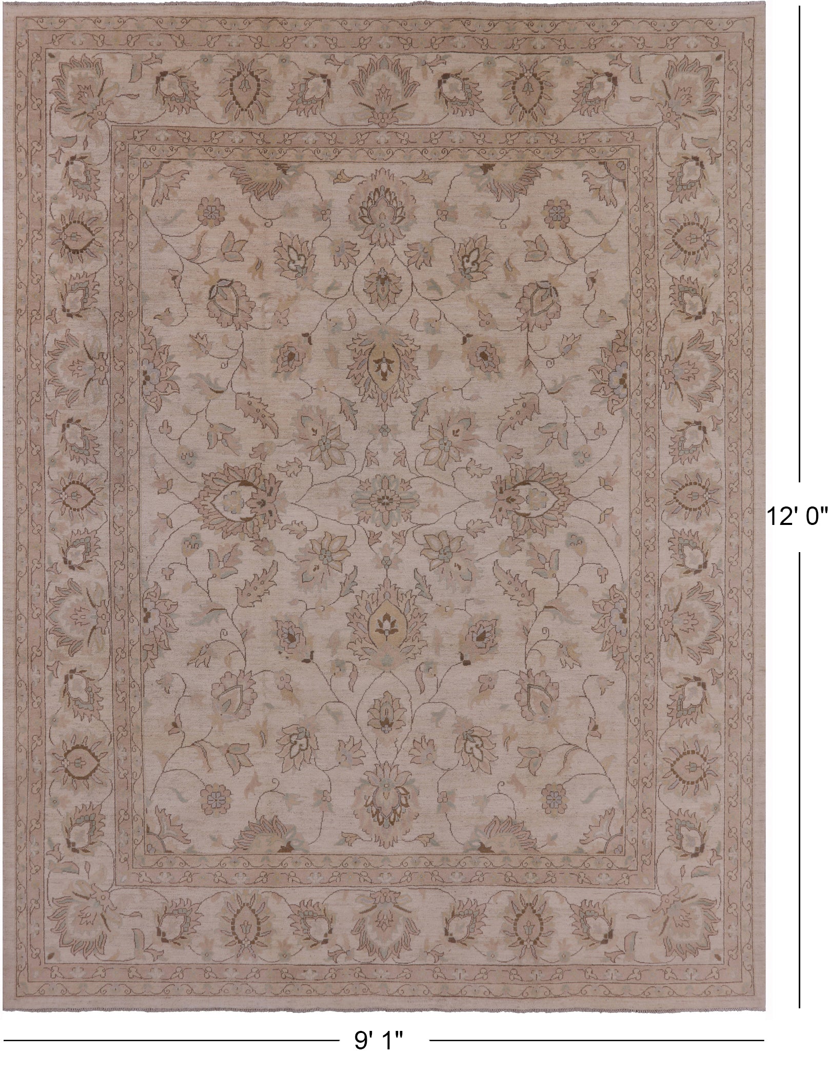 Ivory Peshawar Handmade Wool Rug - 9' 1" X 12' 0" - Golden Nile