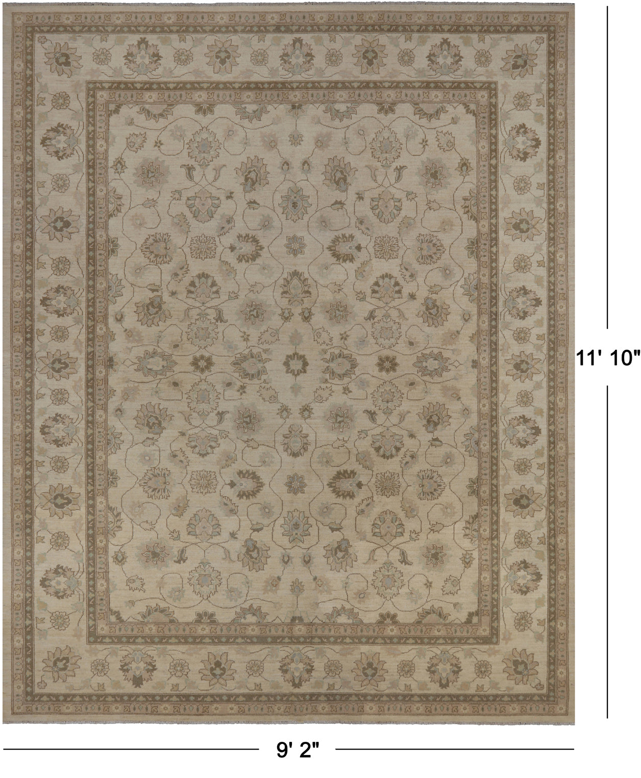 Ivory Turkish Oushak Hand Knotted Wool Area Rug - 9' 2" X 11' 10"