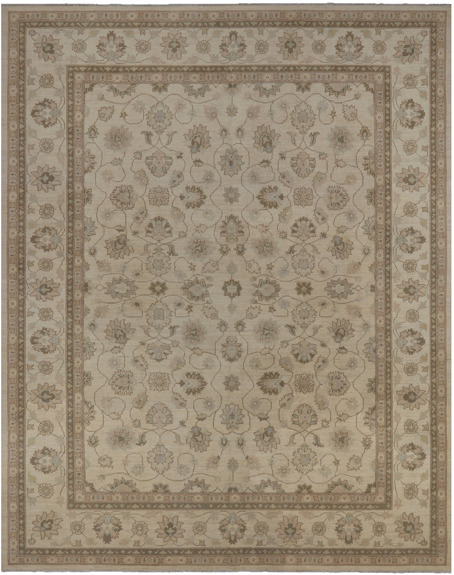 Ivory Turkish Oushak Hand Knotted Wool Area Rug - 9' 2" X 11' 10"