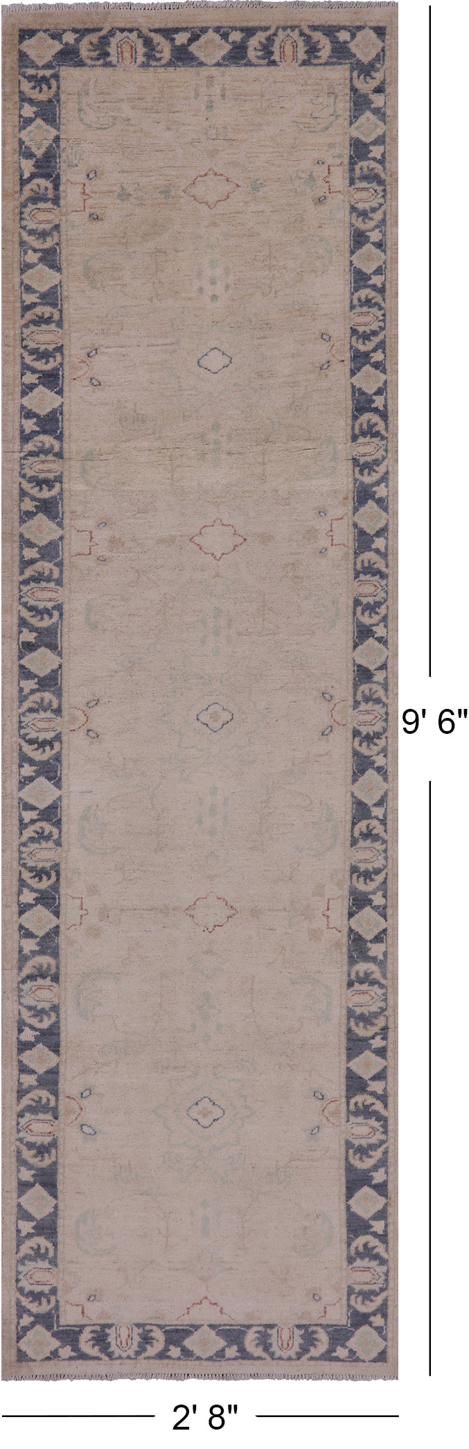 Ivory Peshawar Hand Knotted Runner Rug - 2' 8" X 9' 6" - Golden Nile