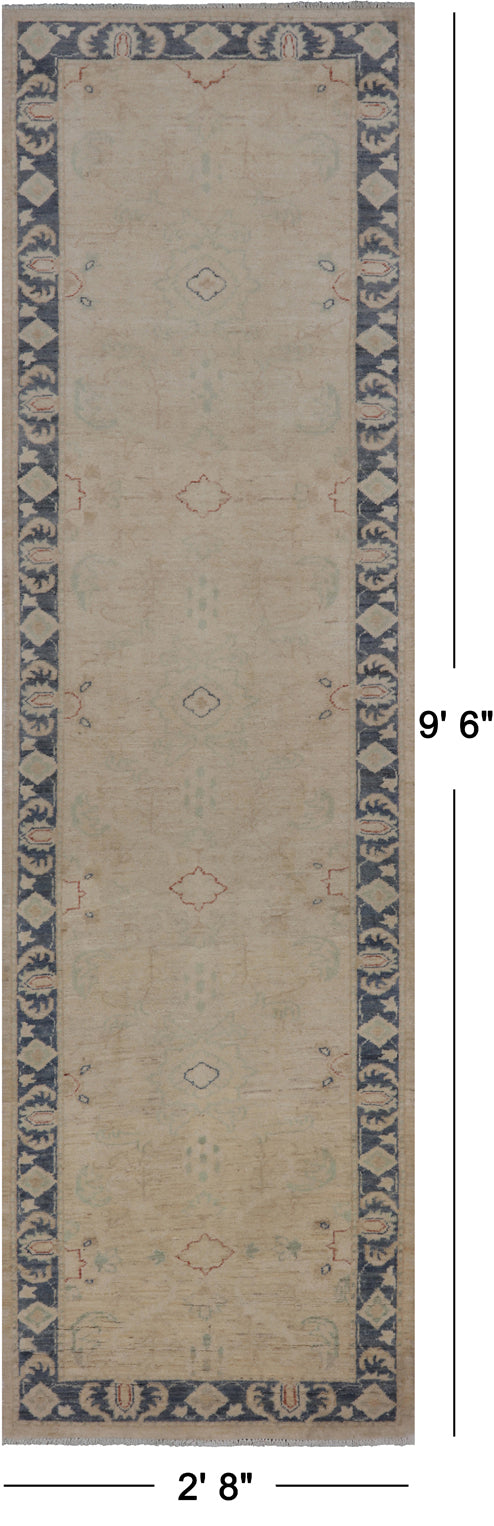 Ivory Peshawar Hand Knotted Runner Rug - 2' 8" X 9' 6"