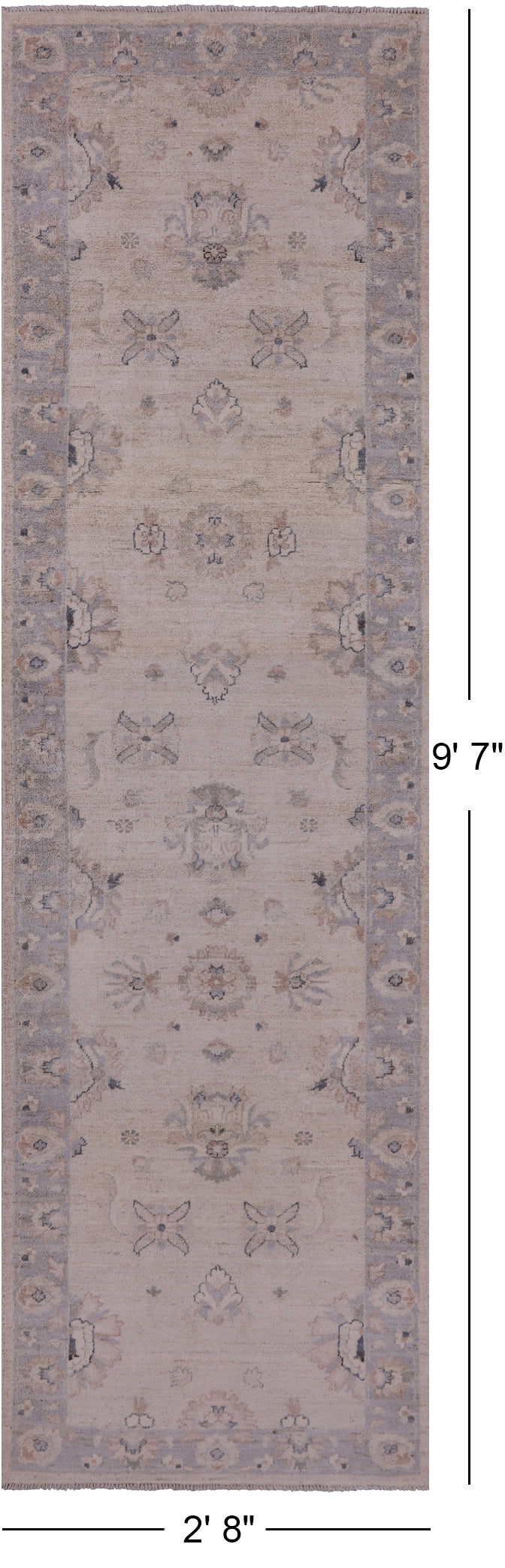 Ivory Peshawar Handmade Wool Runner Rug - 2' 8" X 9' 7" - Golden Nile