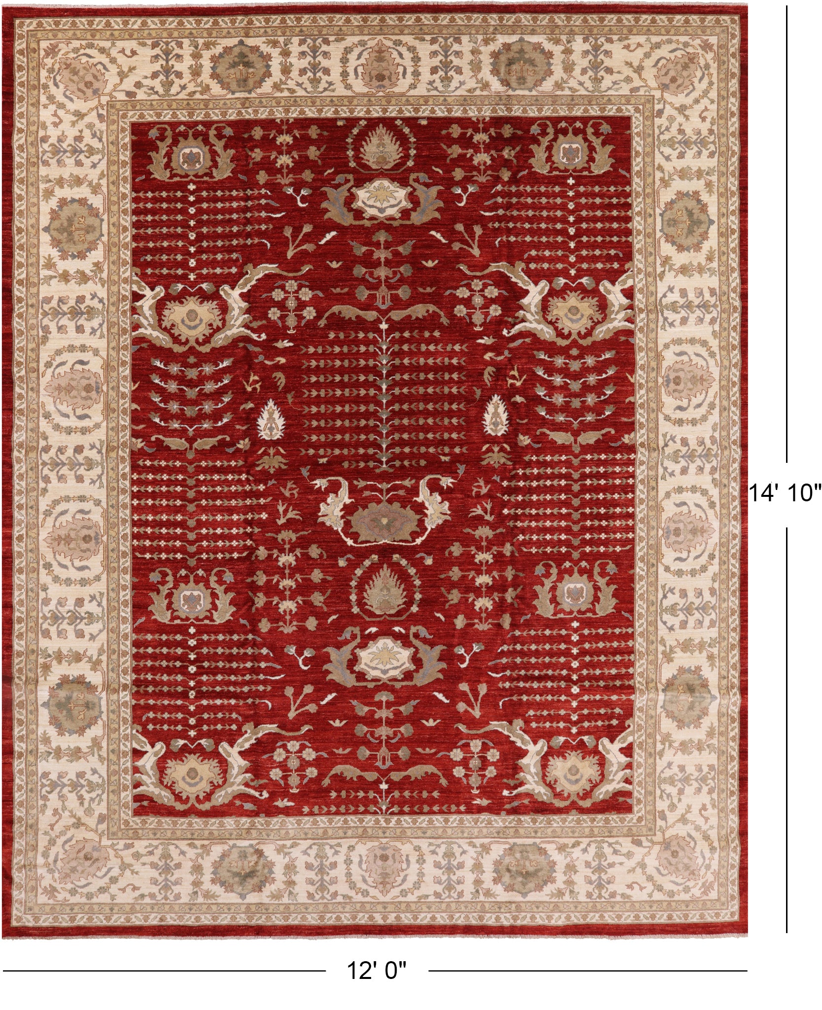 Red Peshawar Hand Knotted Area Rug - 12' 0" X 14' 10" - Golden Nile