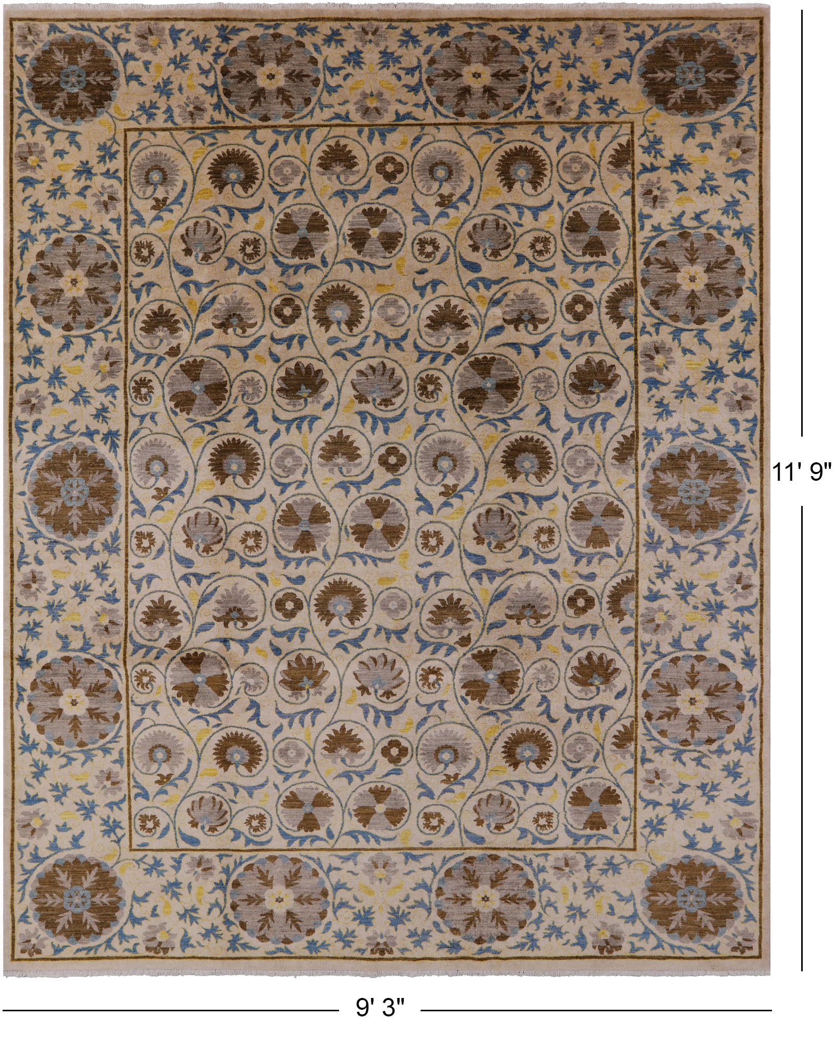 Ivory William Morris Handmade Wool Rug - 9' 3" X 11' 9" - Golden Nile