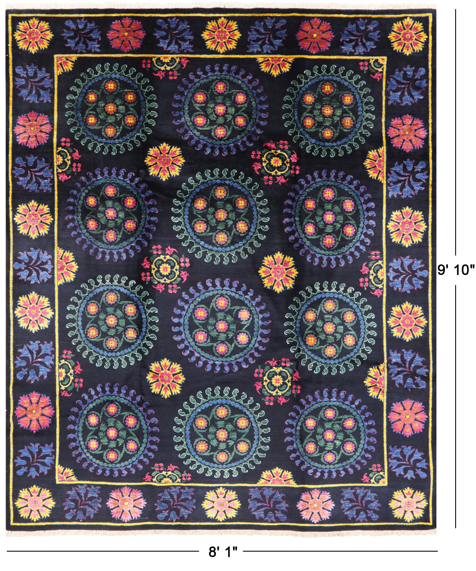 Black William Morris Hand Knotted Wool Area Rug - 8' 1" X 9' 10" - Golden Nile