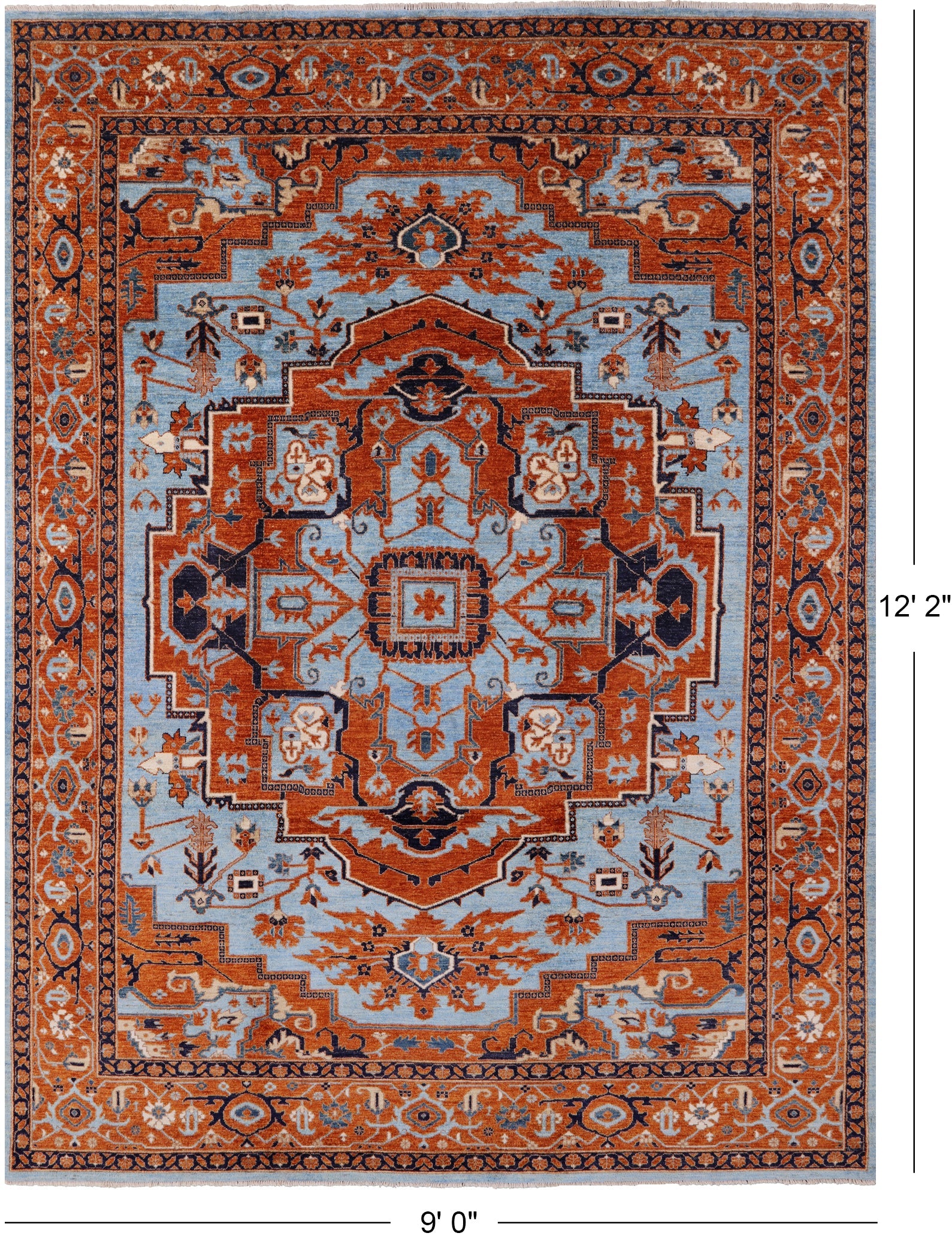 Blue Persian Fine Serapi Handmade Wool Area Rug - 9' 0" X 12' 0" - Golden Nile