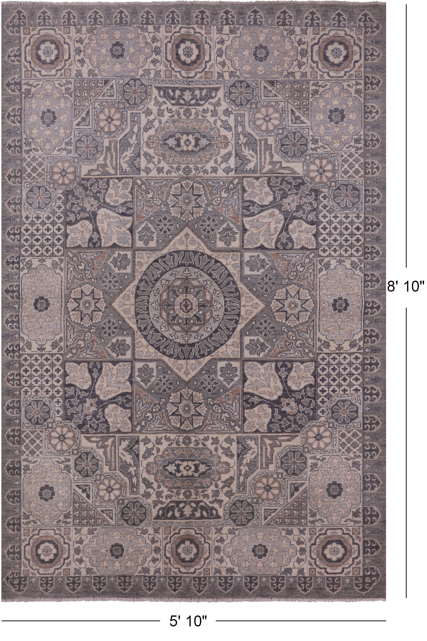 Grey Geometric Persian Mamluk Hand Knotted Wool Rug - 5' 10" X 8' 10" - Golden Nile
