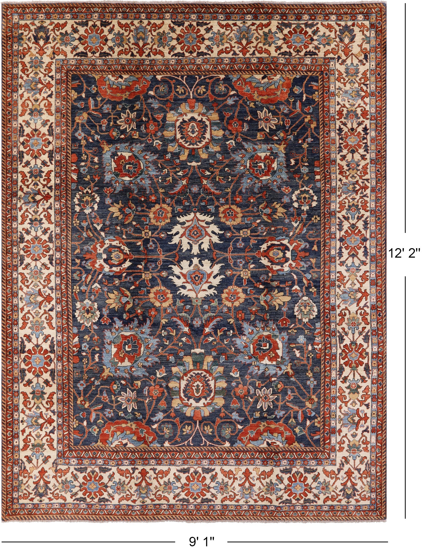 Blue Fine Serapi Hand Knotted Rug - 9' 1" X 12' 2" - Golden Nile