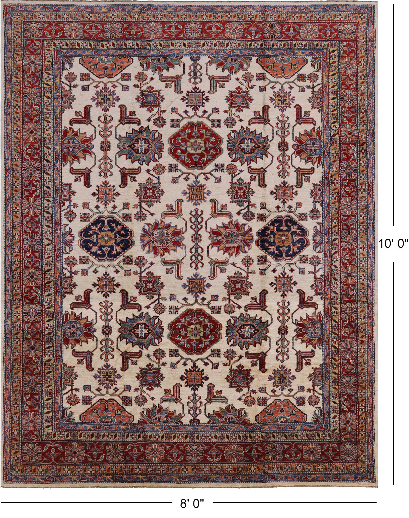 Ivory Super Fine Kazak Handmade Wool Rug - 8' 0" X 10' 0" - Golden Nile