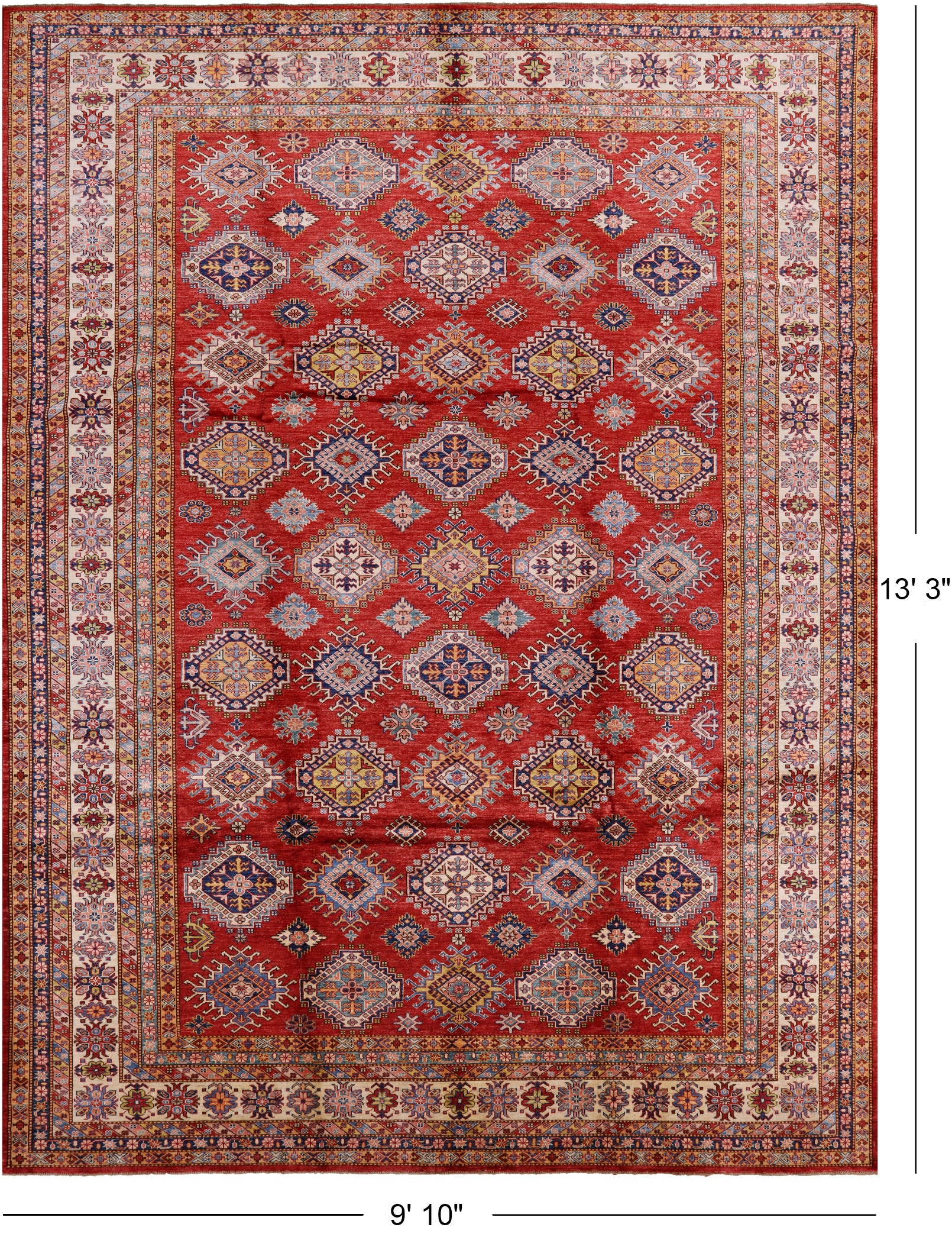 Red Super Kazak Hand Knotted Area Rug - 9' 10" X 13' 3" - Golden Nile