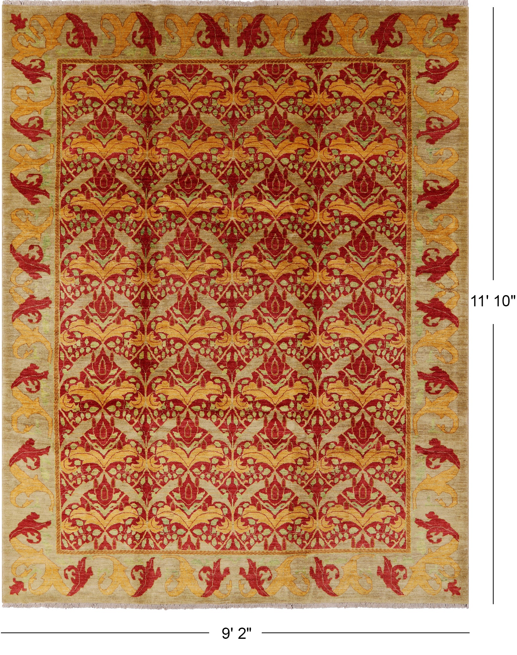Red William Morris Hand Knotted Area Rug - 9' 2" X 11' 10" - Golden Nile