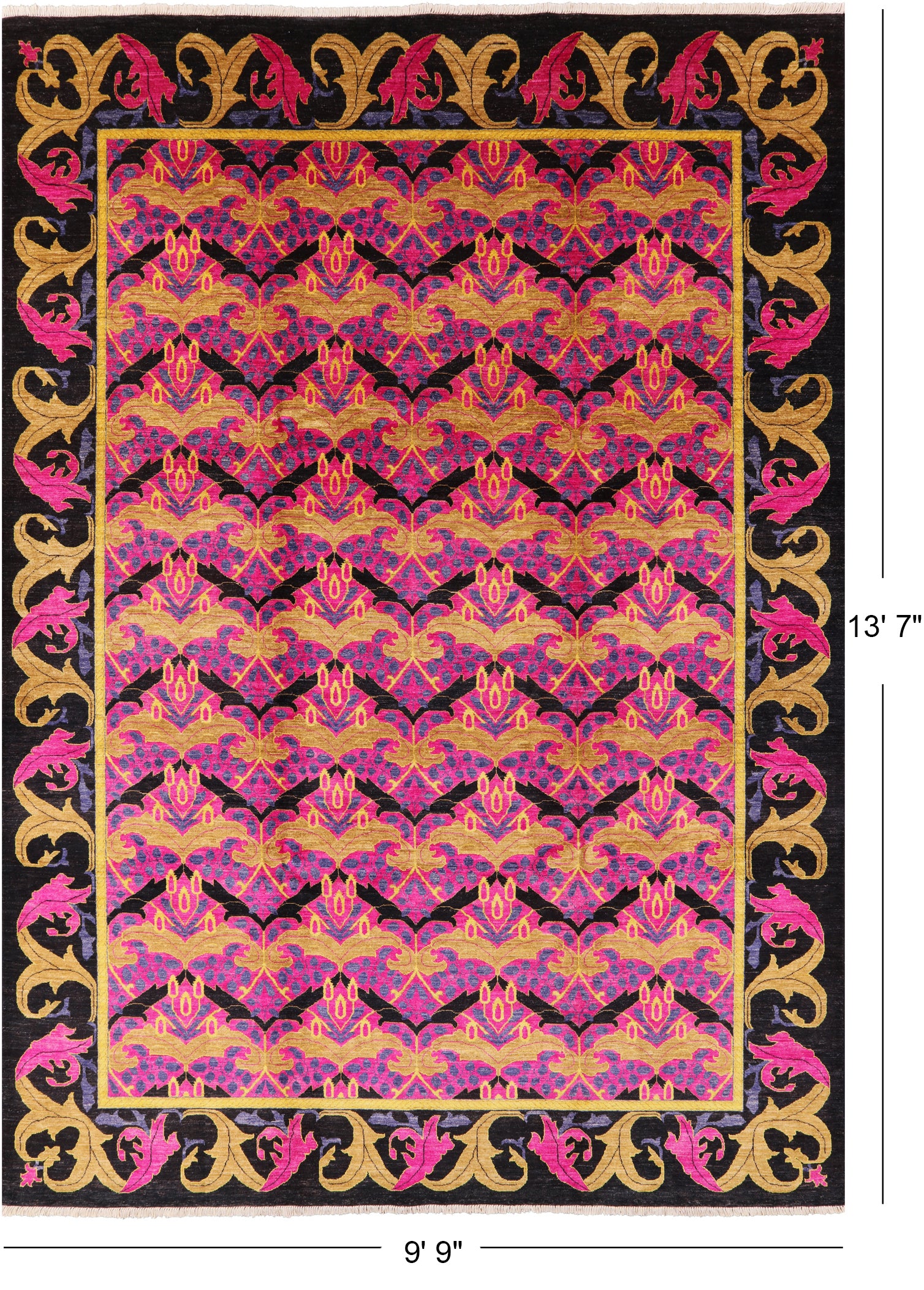 Pink William Morris Hand Knotted Wool Rug - 9' 9" X 13' 7" - Golden Nile