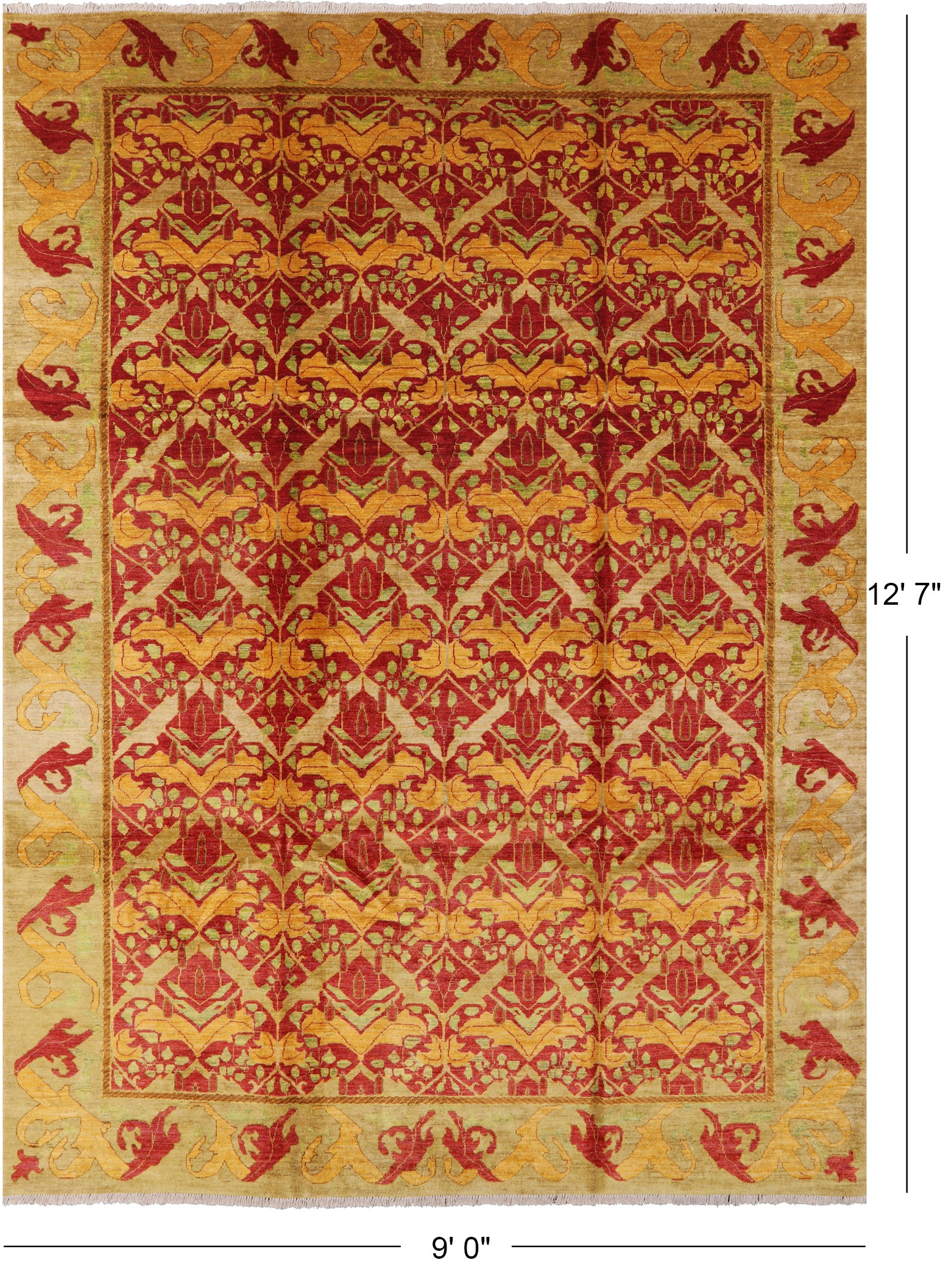 Red William Morris Hand Knotted Wool Area Rug - 9' 0" X 12' 7" - Golden Nile