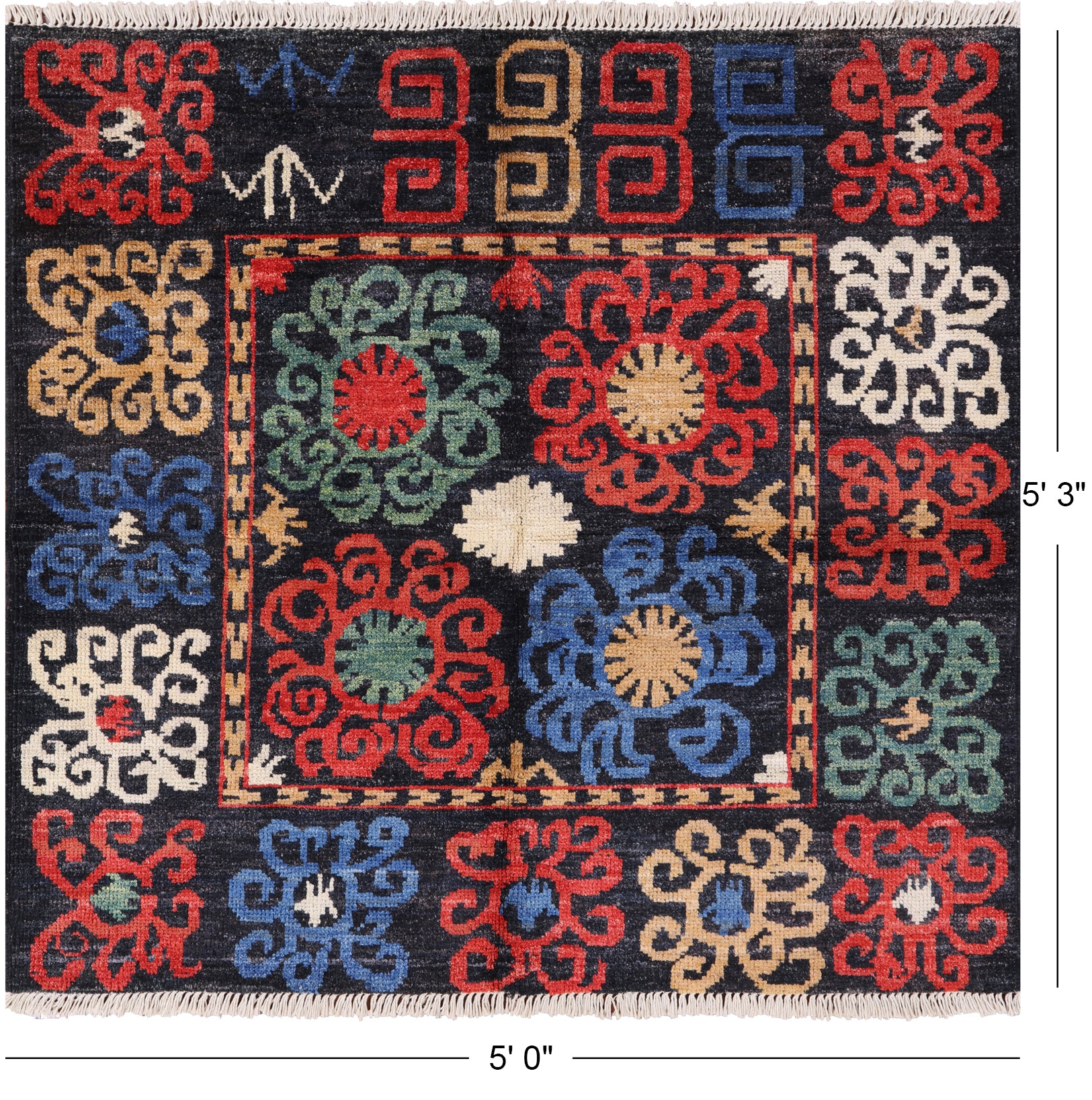 Black Square Ikat Handmade Wool Rug - 5' 0" X 5' 3" - Golden Nile