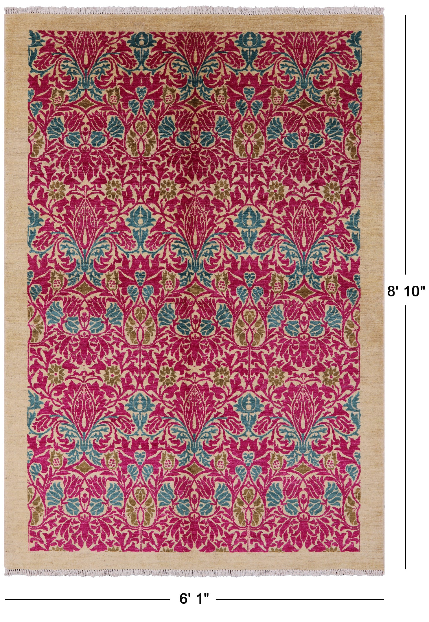 Ivory William Morris Handmade Wool Area Rug - 6' 1" X 8' 10" - Golden Nile