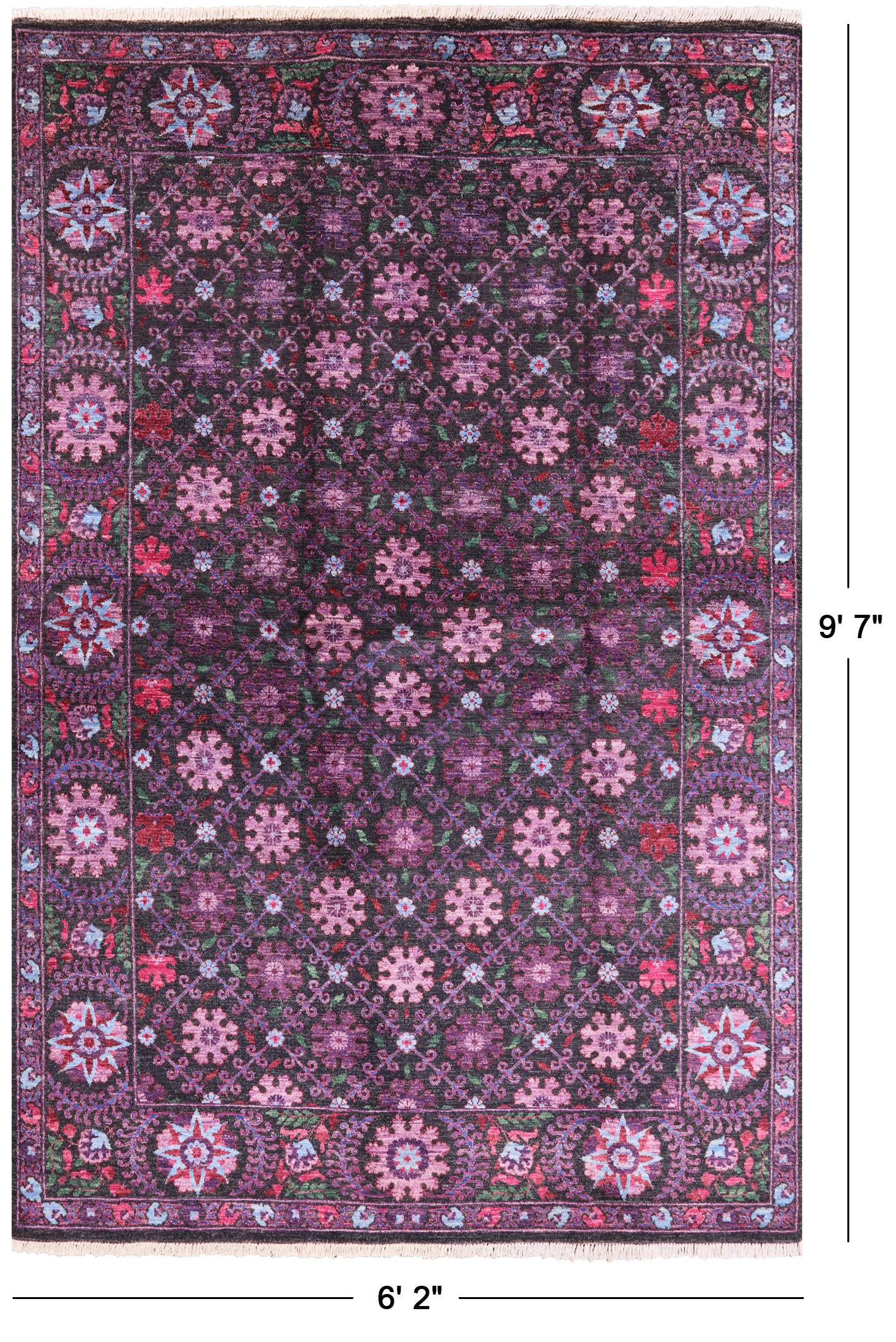 Black William Morris Hand Knotted Wool Area Rug - 6' 2" X 9' 7" - Golden Nile