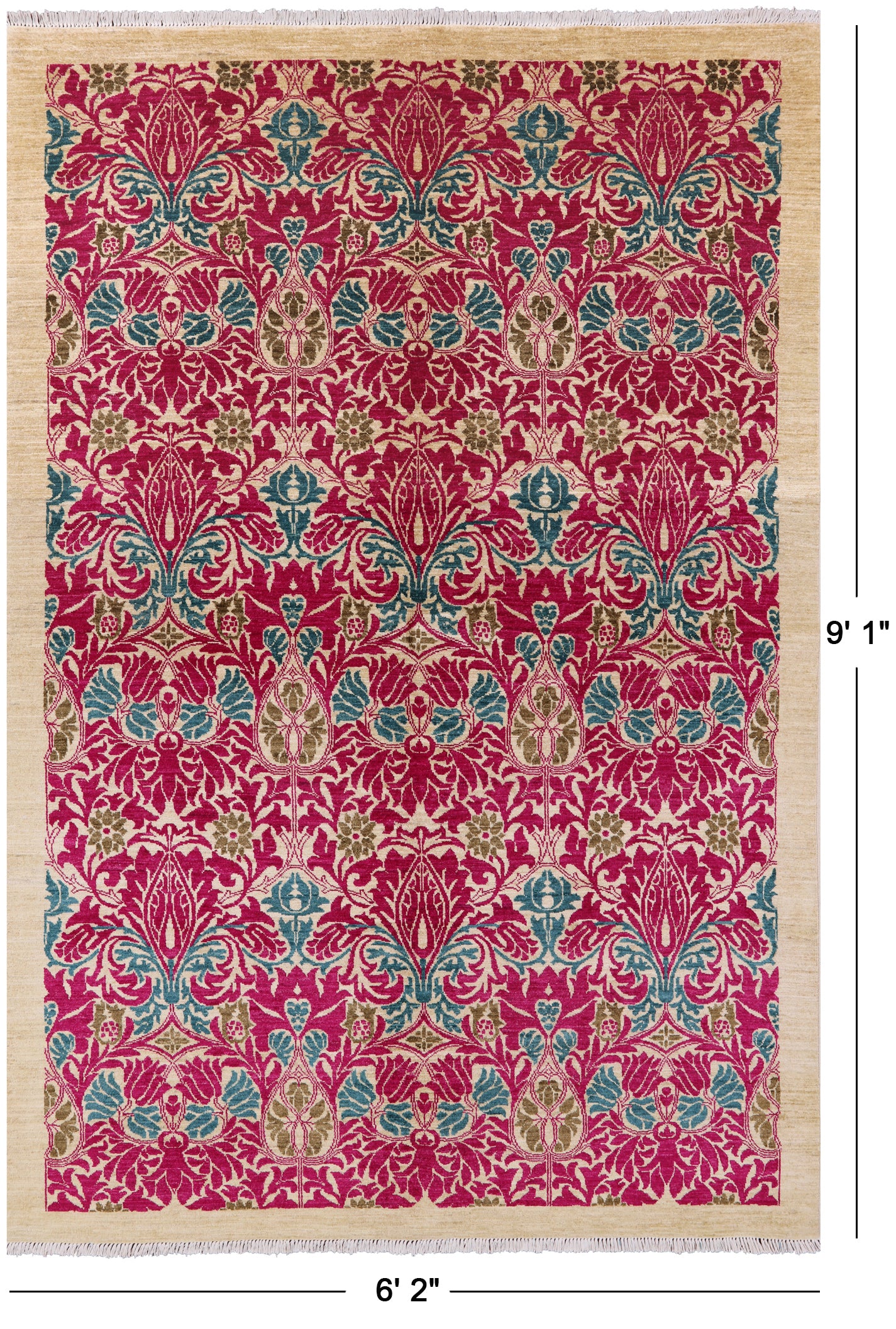 Ivory William Morris Hand Knotted Wool Area Rug - 6' 2" X 9' 1" - Golden Nile