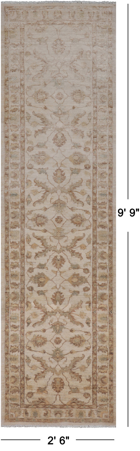 Ivory Peshawar Handmade Wool Runner Rug - 2' 6" X 9' 9"