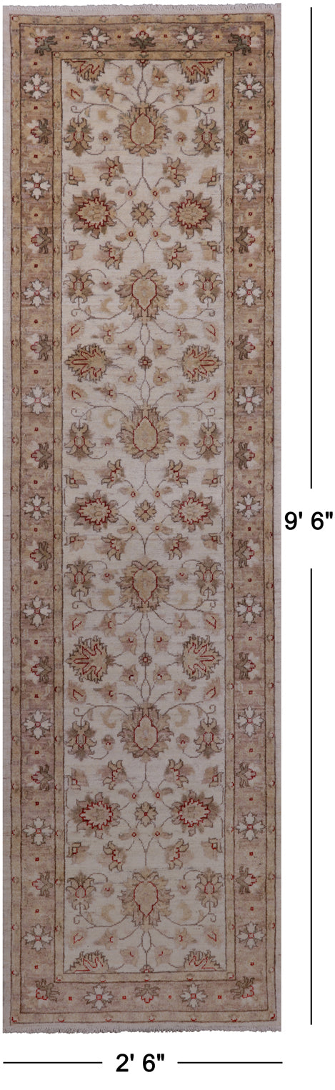 Ivory Peshawar Handmade Wool Runner Rug - 2' 6" X 9' 6"