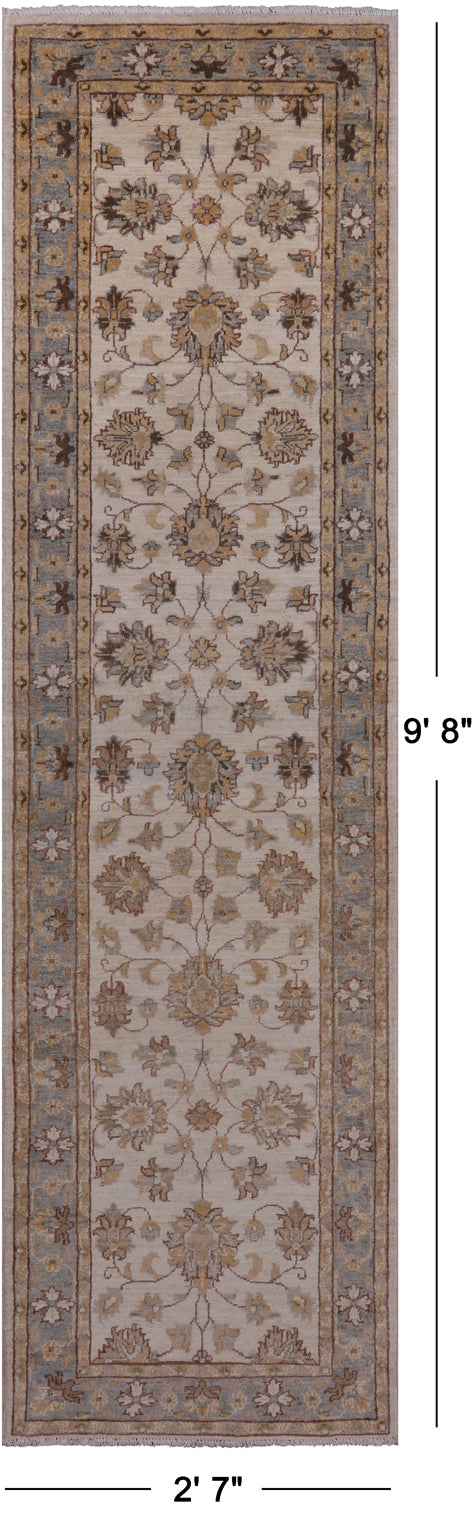 Ivory Peshawar Handmade Wool Runner Rug - 2' 7" X 9' 8"