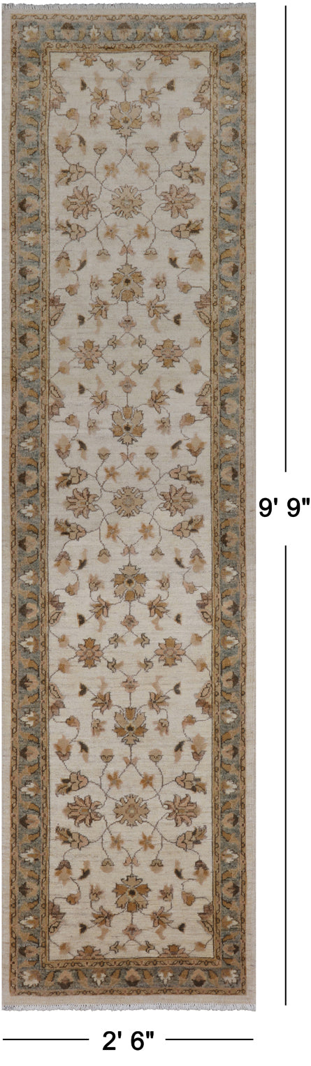 Ivory Peshawar Hand Knotted Wool Runner Rug - 2' 6" X 9' 9"