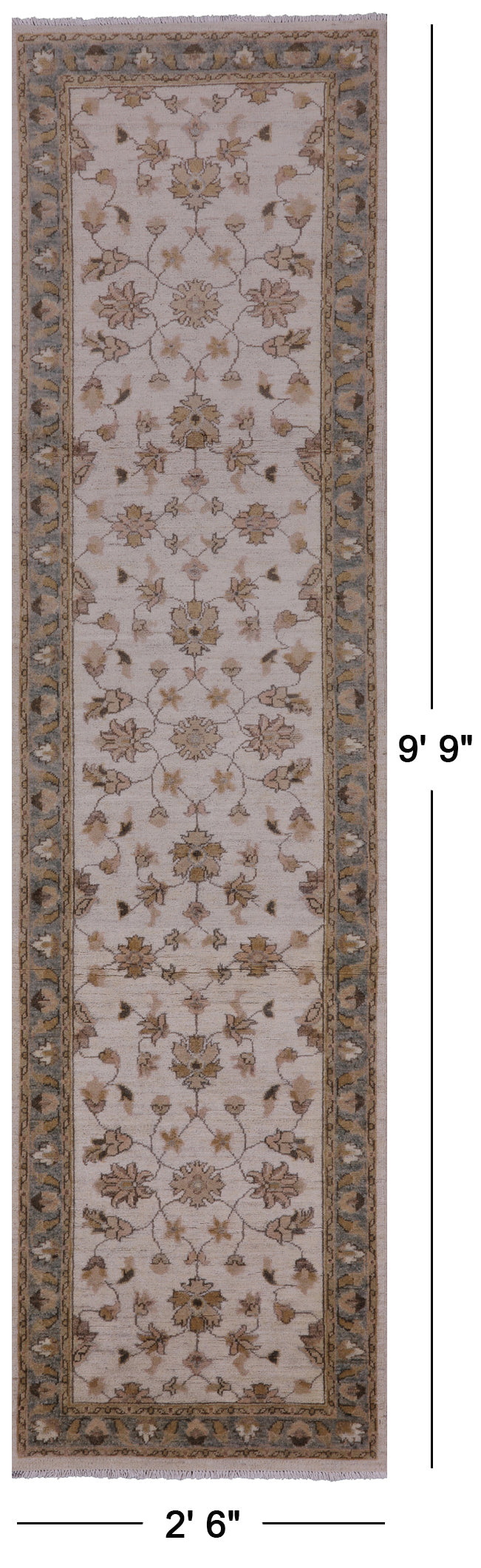Ivory Peshawar Hand Knotted Wool Runner Rug - 2' 6" X 9' 9" - Golden Nile