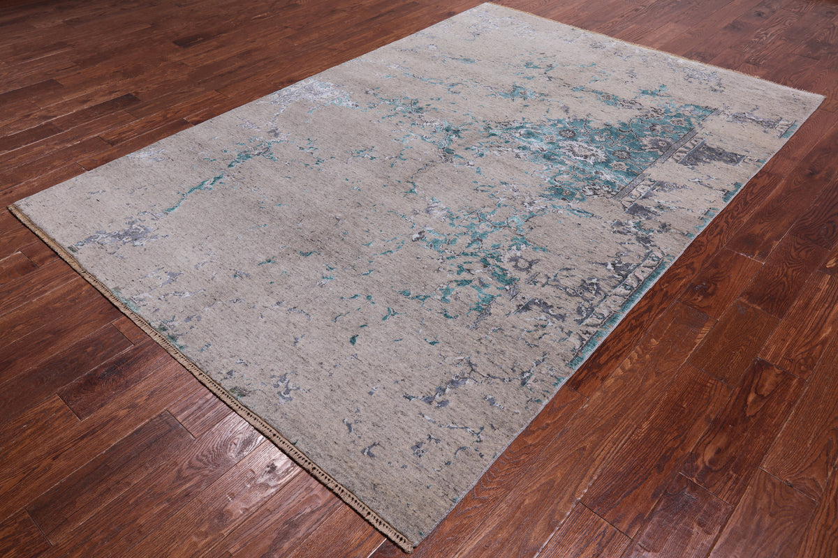 SUPER SALE Modern Handmade Wool & Silk Rug - 6' 1" X 8' 10"