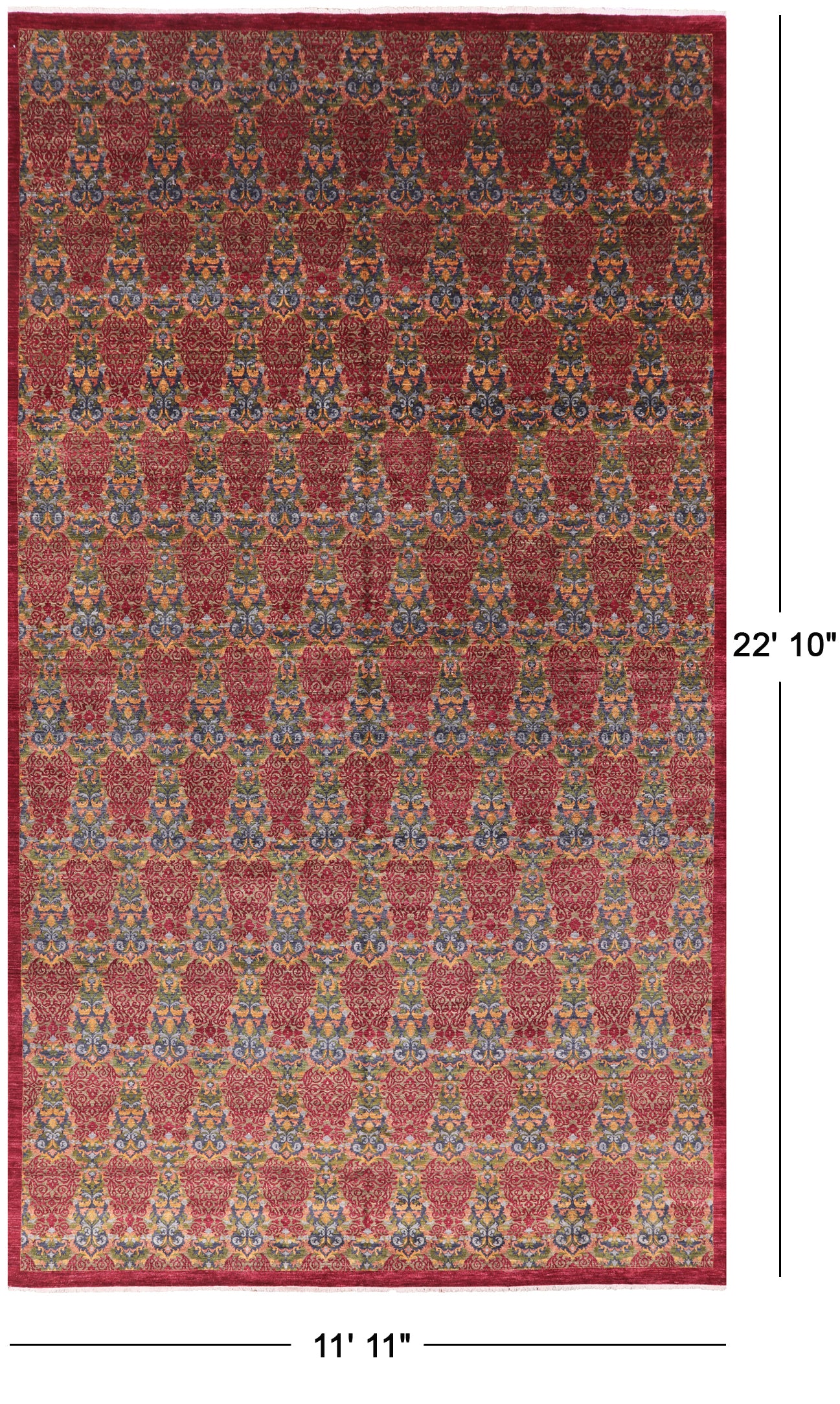 Red William Morris Hand Knotted Wool Area Rug - 11' 11" X 22' 10" - Golden Nile