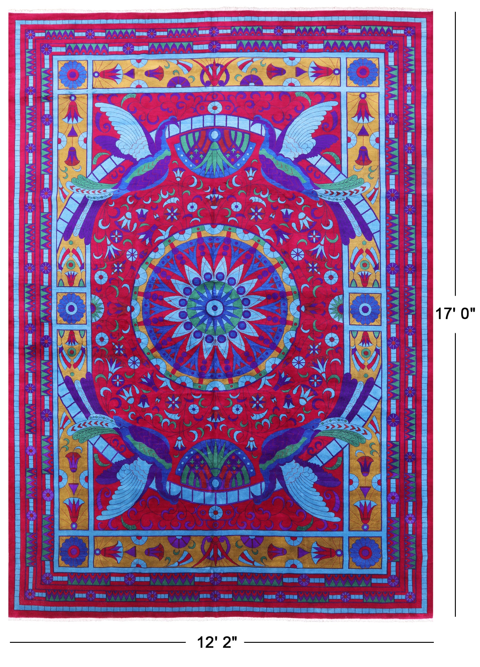 Red Peacock William Morris Hand Knotted Wool Area Rug - 12' 2" X 17' 0" - Golden Nile