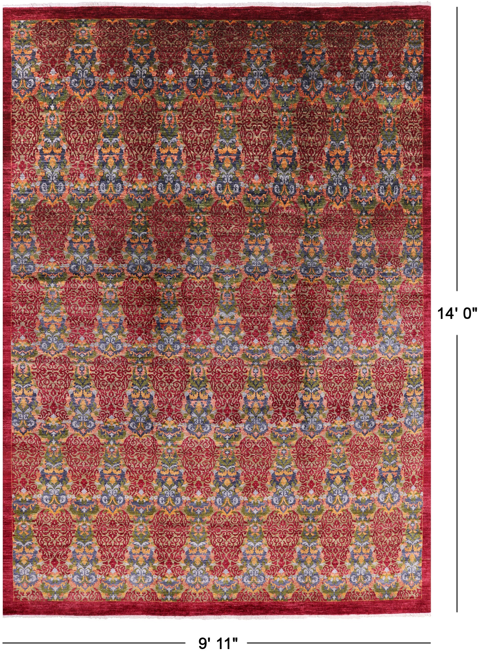 Red William Morris Handmade Wool Rug - 9' 11" X 14' 0" - Golden Nile