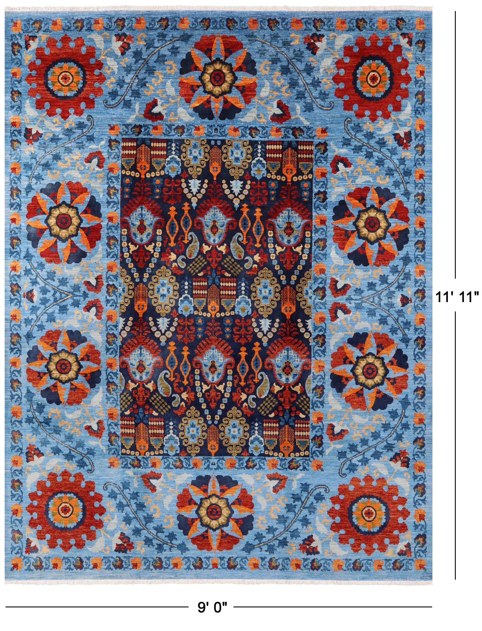 Blue William Morris Hand Knotted Wool Area Rug - 9' 0" X 11' 11" - Golden Nile