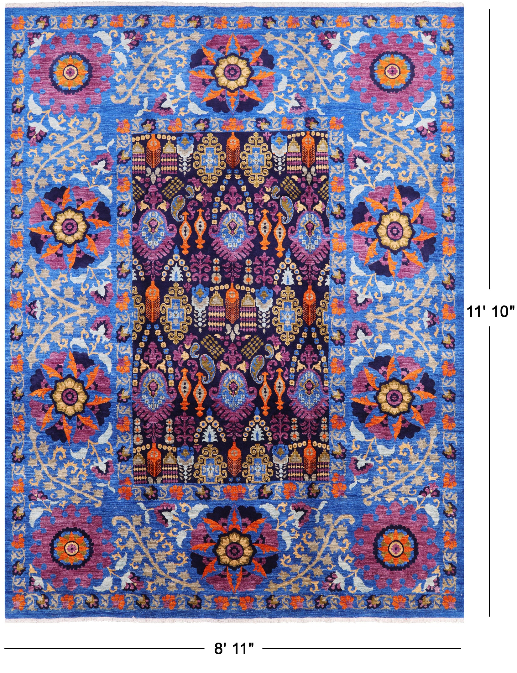 Blue William Morris Hand Knotted Wool Area Rug - 8' 11" X 11' 10" - Golden Nile
