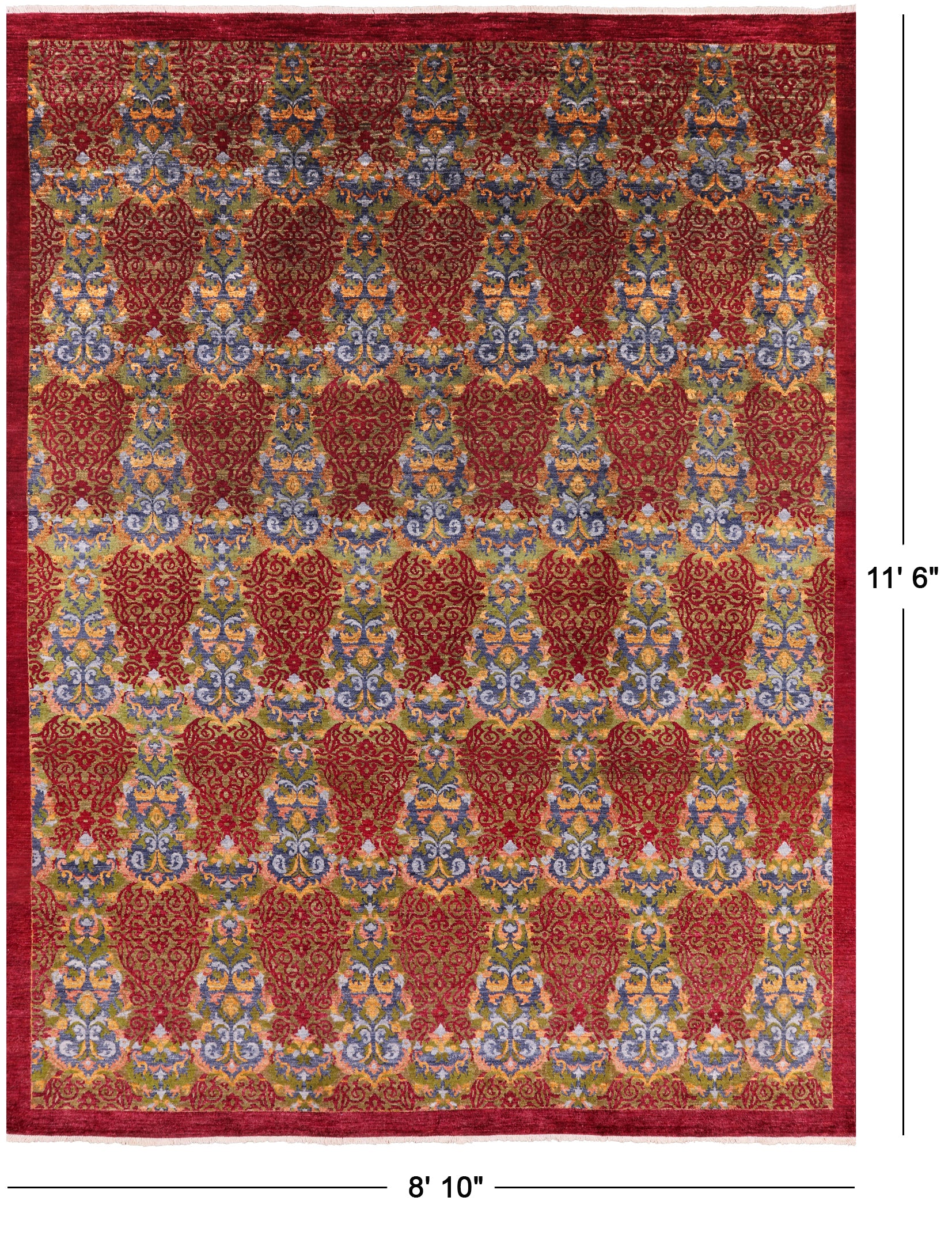 Red William Morris Hand Knotted Wool Rug - 8' 10" X 11' 6" - Golden Nile