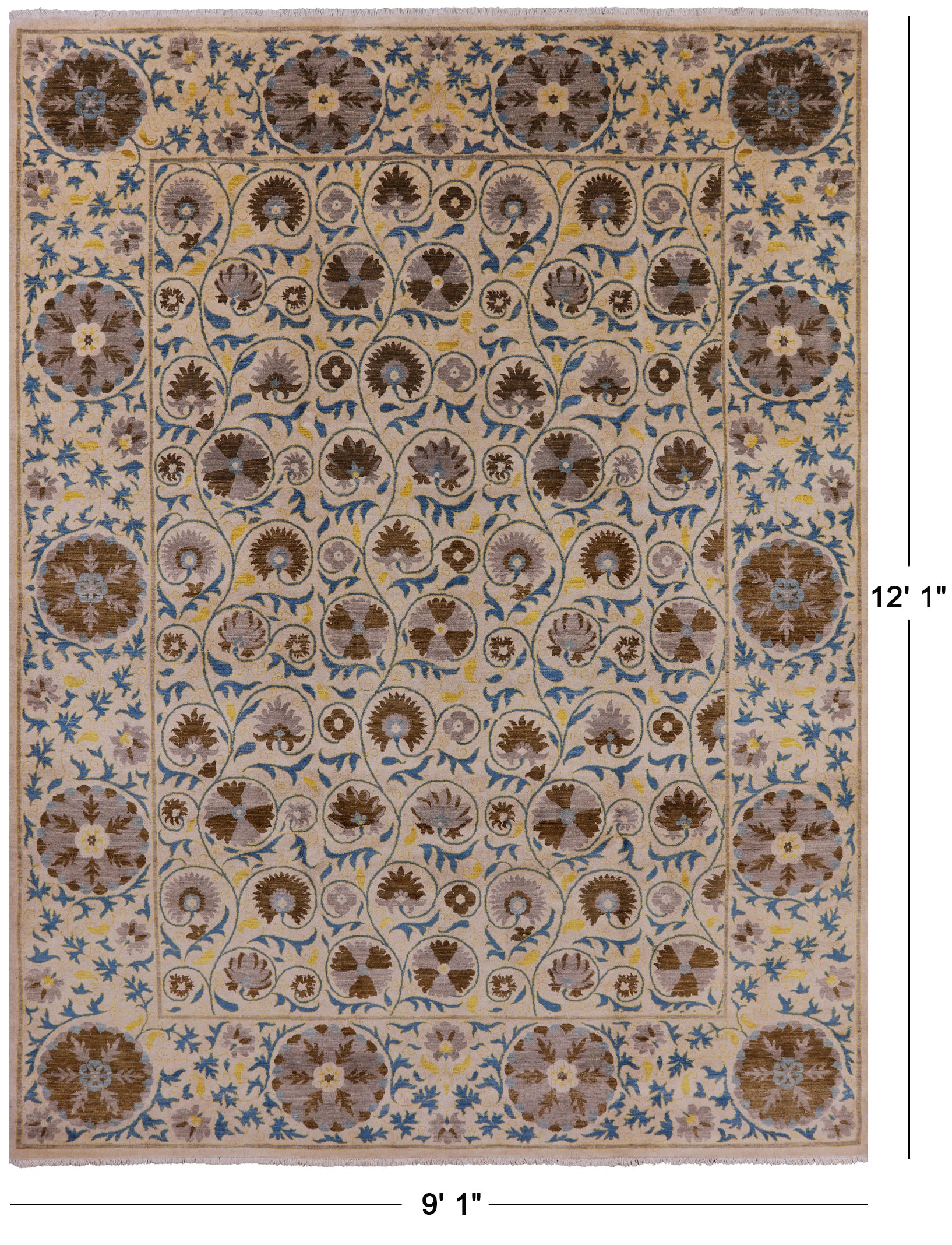 Ivory William Morris Handmade Wool Rug - 9' 1" X 12' 1" - Golden Nile