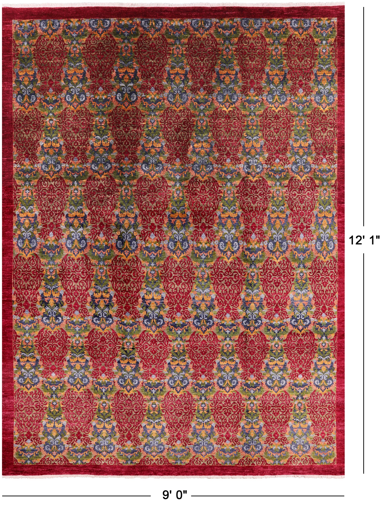 Red William Morris Hand Knotted Wool Rug - 9' 0" X 12' 1" - Golden Nile