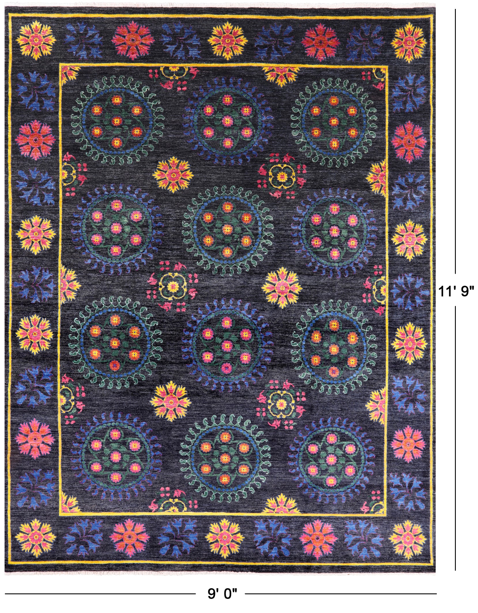 Black William Morris Hand Knotted Wool Rug - 9' 0" X 11' 9" - Golden Nile