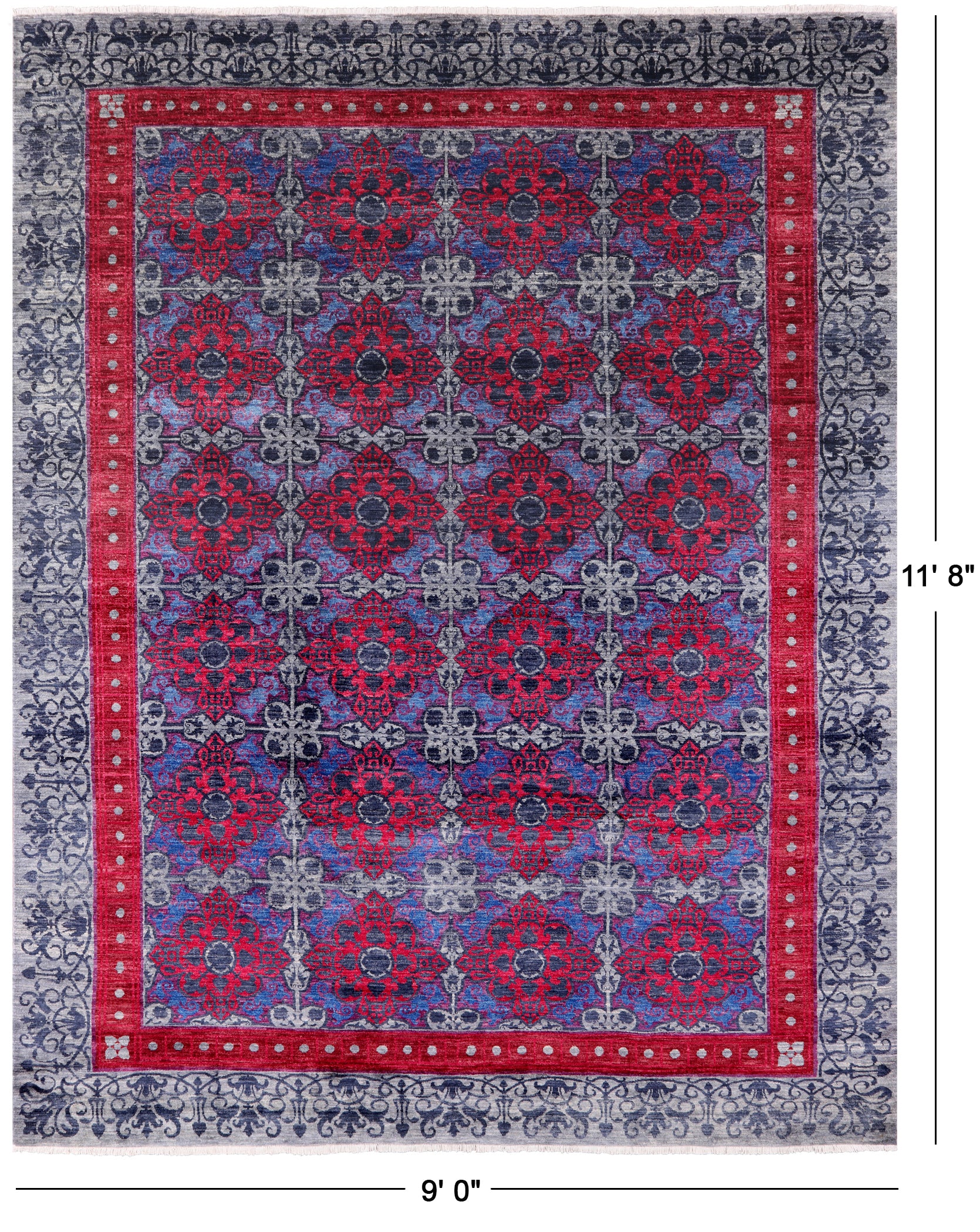 Grey William Morris Handmade Wool Rug - 9' 0" X 11' 8" - Golden Nile