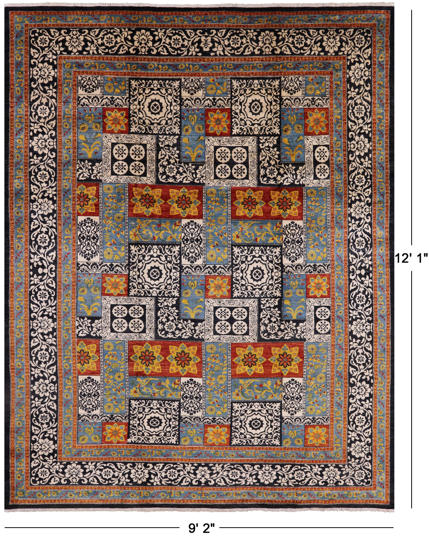 Black William Morris Handmade Wool Area Rug - 9' 2" X 12' 1" - Golden Nile